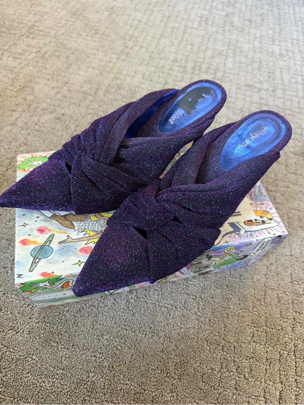 Jeffrey Campbell Iridescent Purple Glitter Knot Pointed Mule